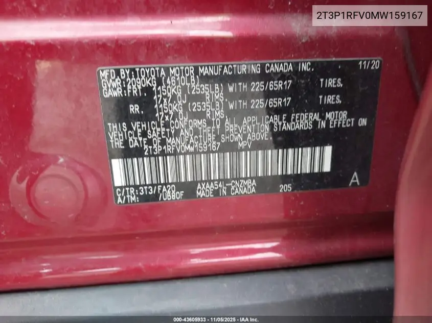 2T3P1RFV0MW159167 2021 Toyota Rav4 Xle