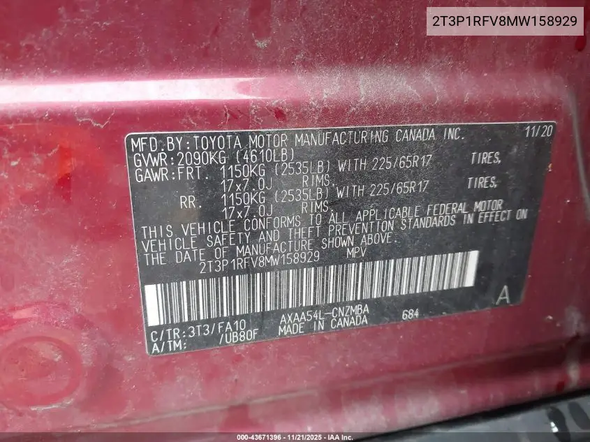 2T3P1RFV8MW158929 2021 Toyota Rav4 Xle