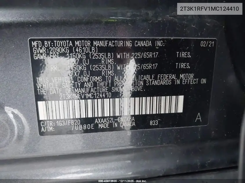 2T3K1RFV1MC124410 2021 Toyota Rav4 Le