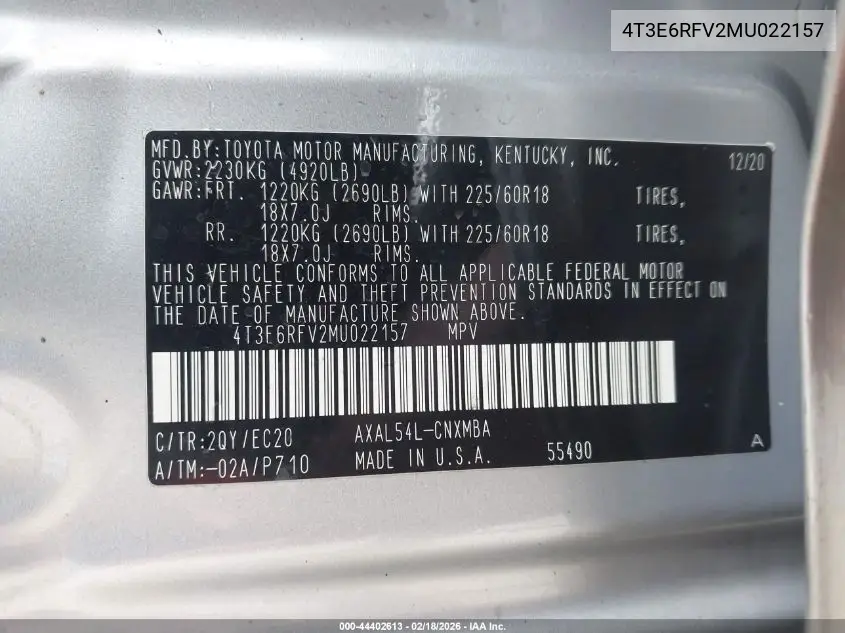 4T3E6RFV2MU022157 2021 Toyota Rav4 Hybrid Xse
