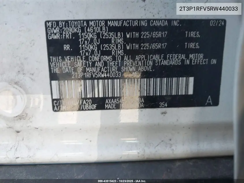 2T3P1RFV5RW440033 2024 Toyota Rav4 Xle