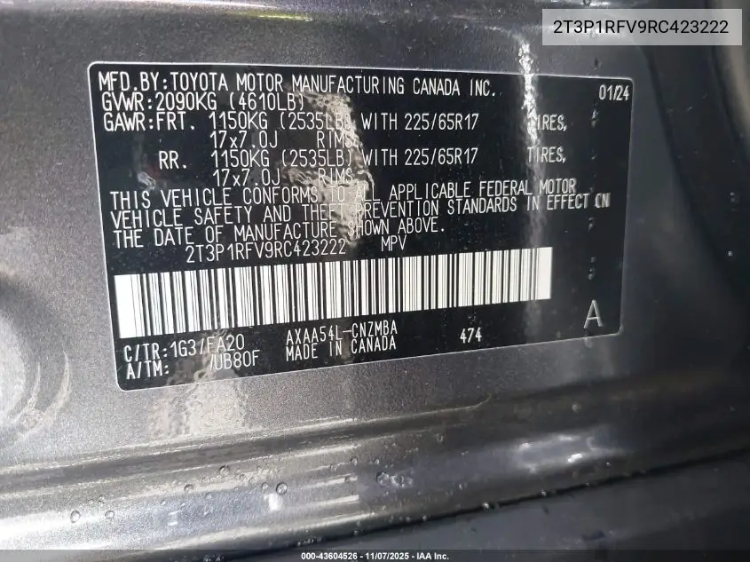 2T3P1RFV9RC423222 2024 Toyota Rav4 Xle