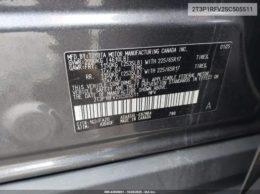 2T3P1RFV2SC505511 2025 Toyota Rav4 Xle