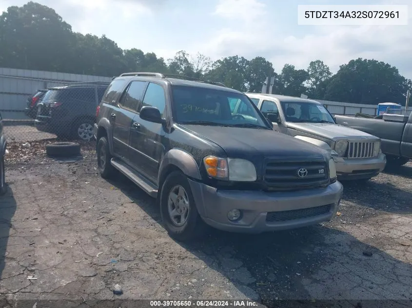 2002 Toyota Sequoia Sr5 V8 VIN: 5TDZT34A32S072961 Lot: 39705650