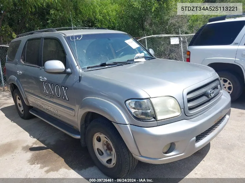 2002 Toyota Sequoia Sr5 V8 VIN: 5TDZT34A52S113221 Lot: 39726461