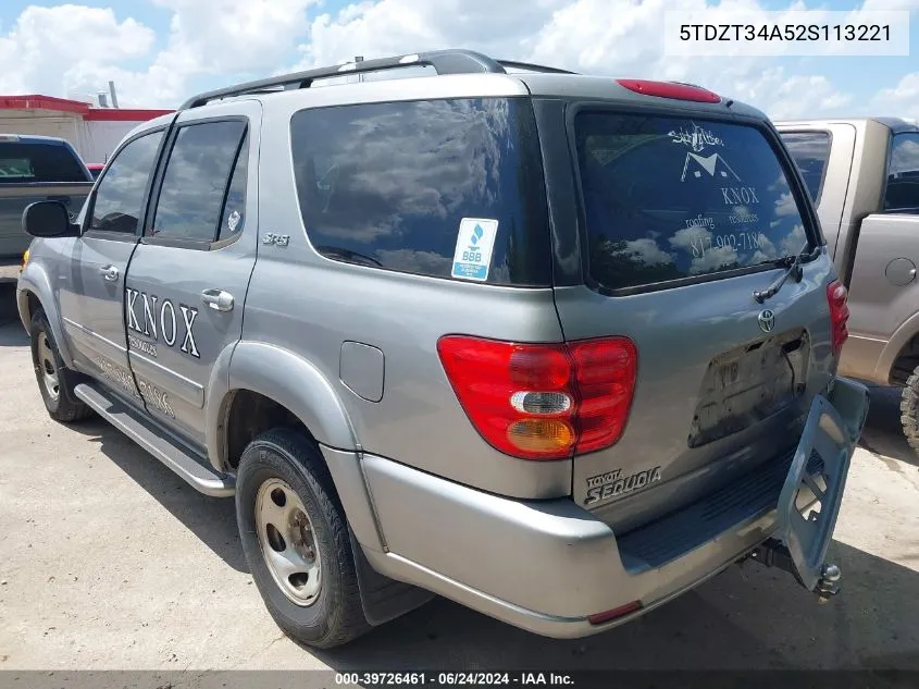 2002 Toyota Sequoia Sr5 V8 VIN: 5TDZT34A52S113221 Lot: 39726461