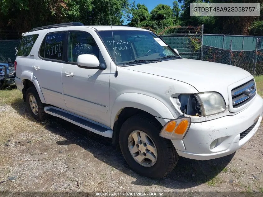 2002 Toyota Sequoia Limited V8 VIN: 5TDBT48A92S058757 Lot: 39763611