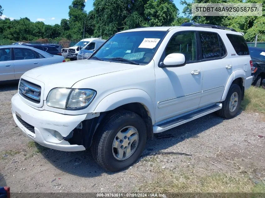 2002 Toyota Sequoia Limited V8 VIN: 5TDBT48A92S058757 Lot: 39763611