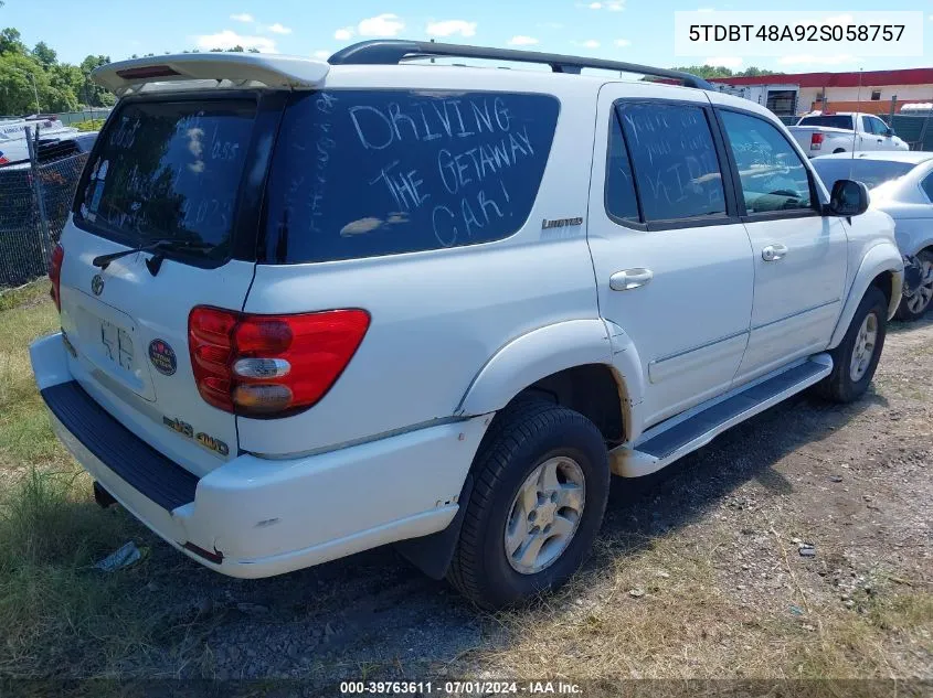 2002 Toyota Sequoia Limited V8 VIN: 5TDBT48A92S058757 Lot: 39763611