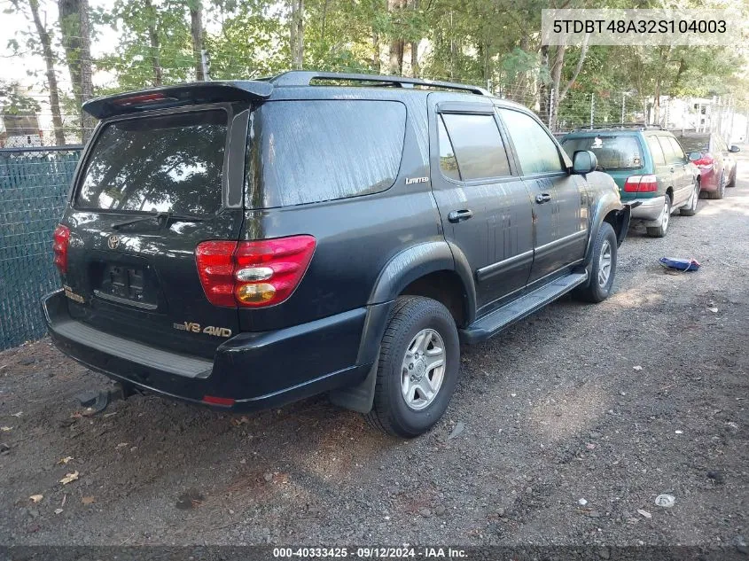 2002 Toyota Sequoia Limited VIN: 5TDBT48A32S104003 Lot: 40333425