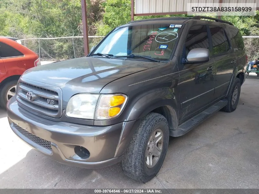 2003 Toyota Sequoia Limited V8 VIN: 5TDZT38A83S158939 Lot: 39764546