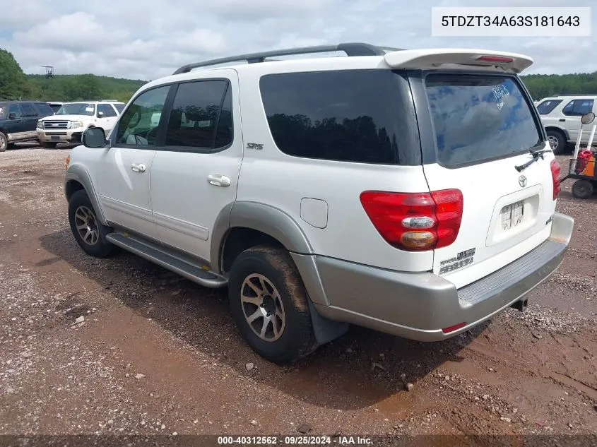 2003 Toyota Sequoia Sr5 V8 VIN: 5TDZT34A63S181643 Lot: 40312562