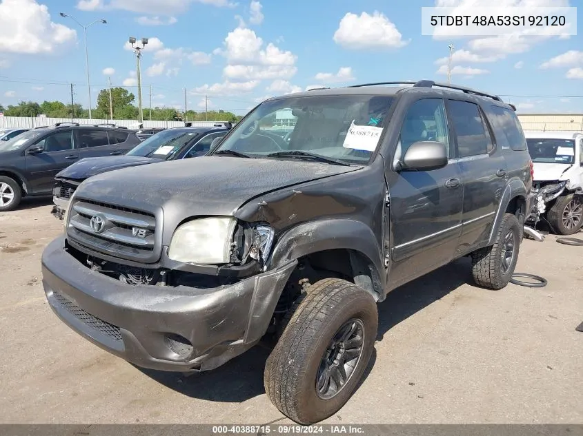 2003 Toyota Sequoia Limited V8 VIN: 5TDBT48A53S192120 Lot: 40388715