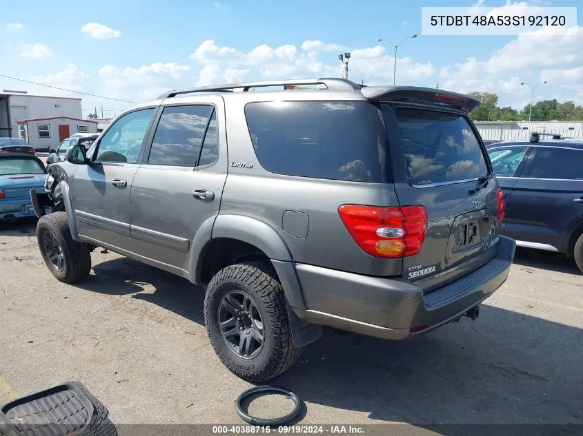 2003 Toyota Sequoia Limited V8 VIN: 5TDBT48A53S192120 Lot: 40388715