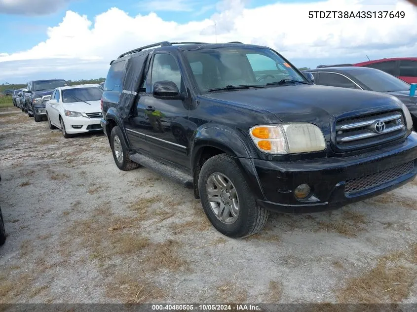 5TDZT38A43S137649 2003 Toyota Sequoia Limited