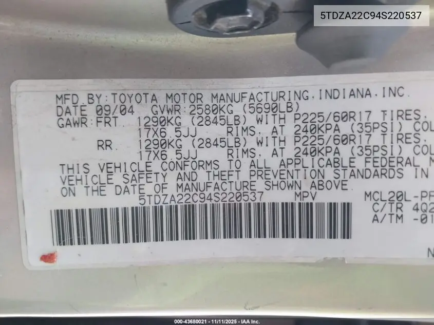 5TDZA22C94S220537 2004 Toyota Sienna Xle Limited