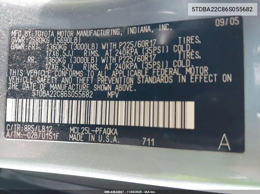 5TDBA22C86S055682 2006 Toyota Sienna Xle Limited