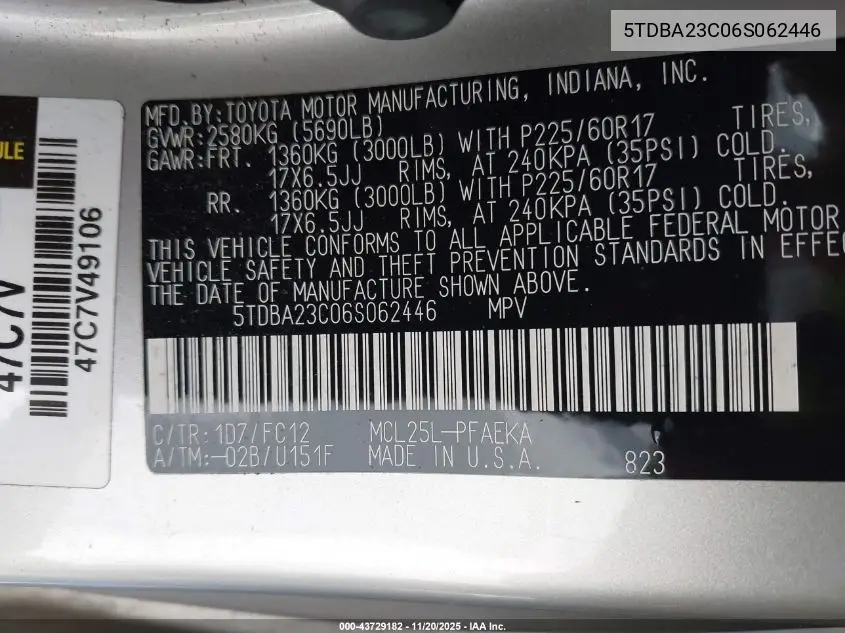 5TDBA23C06S062446 2006 Toyota Sienna Le