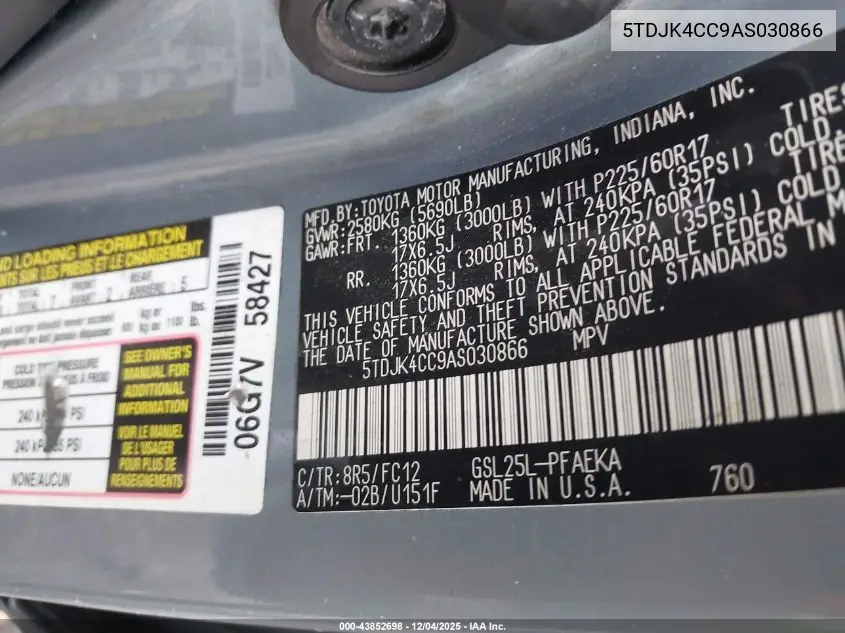 5TDJK4CC9AS030866 2010 Toyota Sienna Le