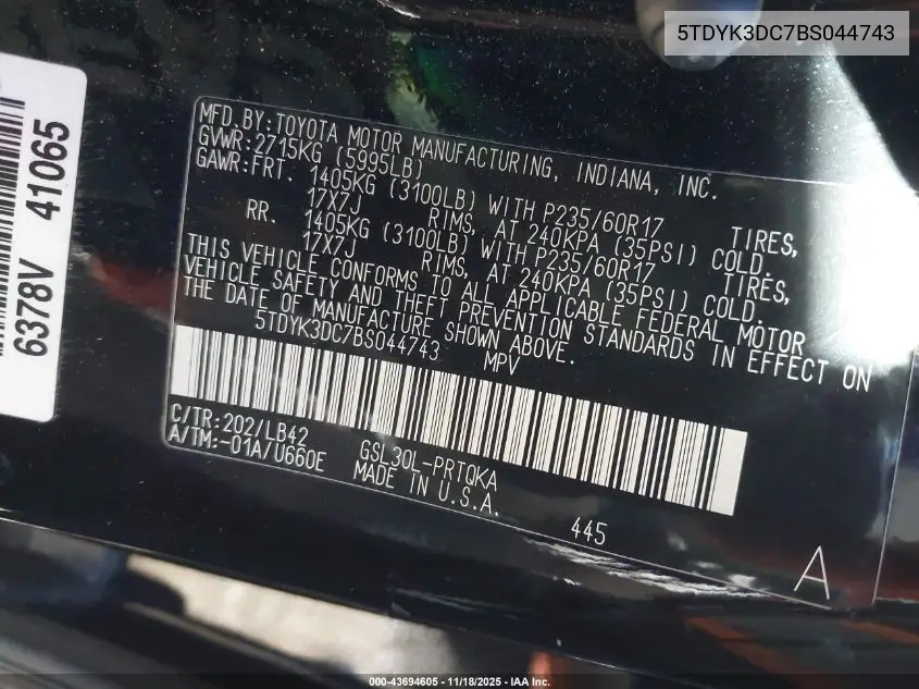 5TDYK3DC7BS044743 2011 Toyota Sienna Xle V6