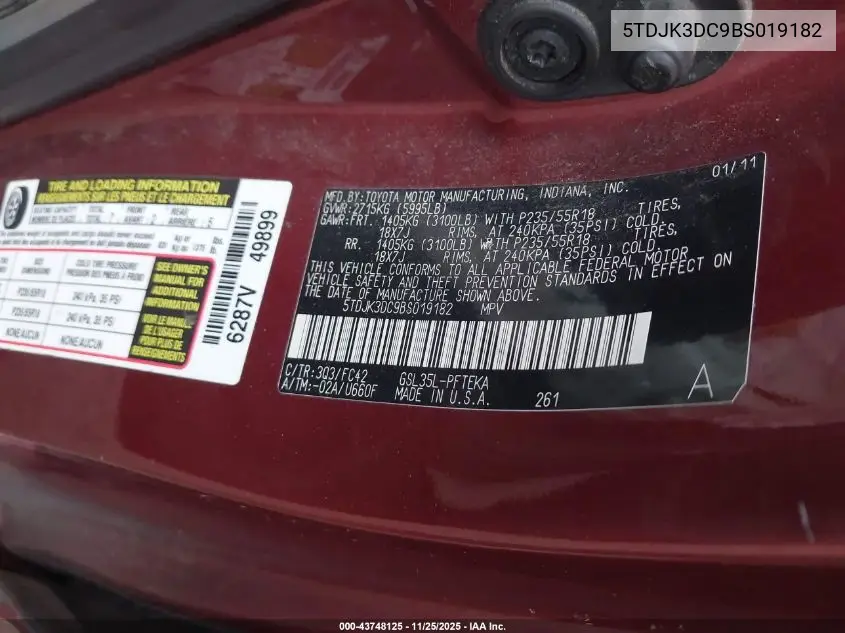 5TDJK3DC9BS019182 2011 Toyota Sienna Le