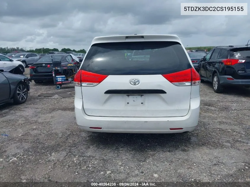 2012 Toyota Sienna Base V6 7 Passenger VIN: 5TDZK3DC2CS195155 Lot: 40264235