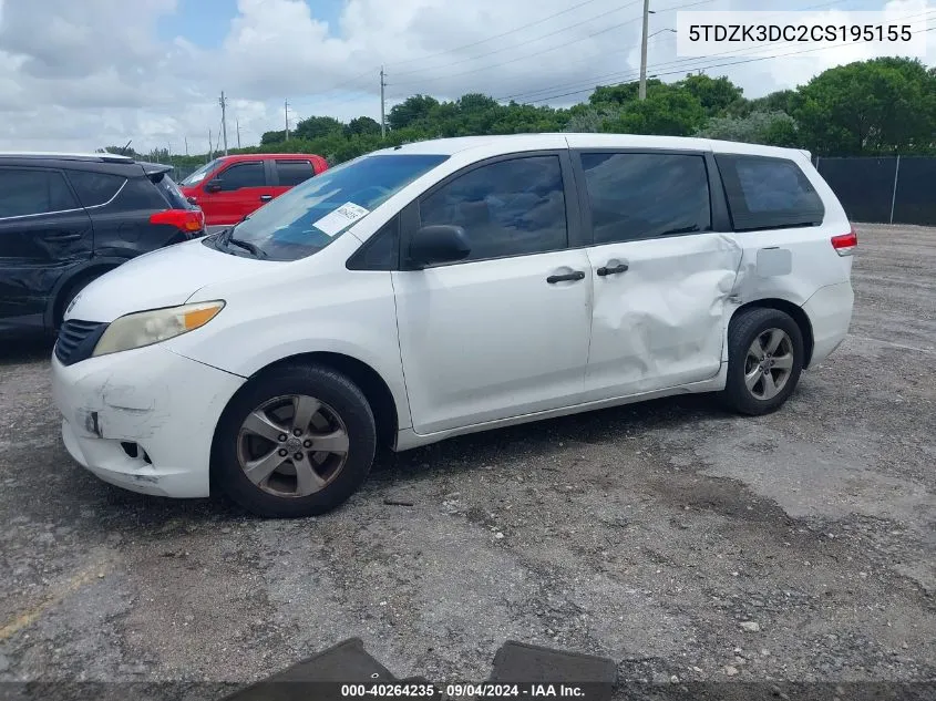 2012 Toyota Sienna Base V6 7 Passenger VIN: 5TDZK3DC2CS195155 Lot: 40264235