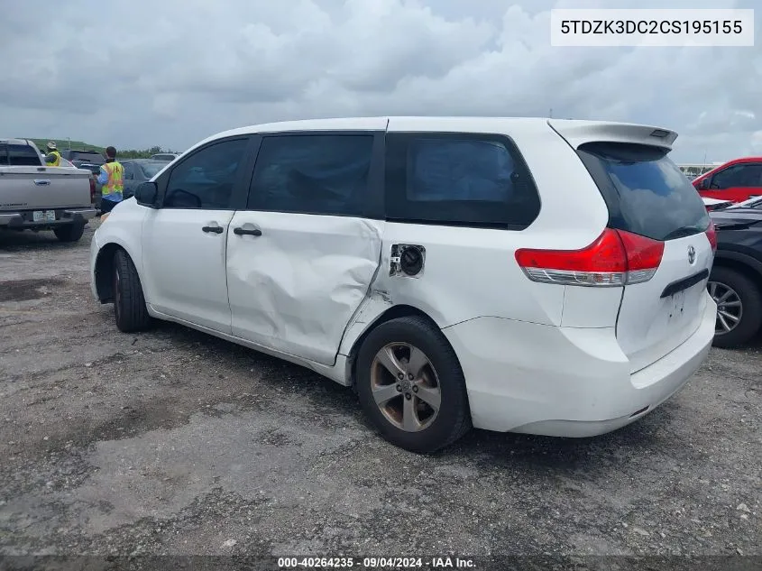 2012 Toyota Sienna Base V6 7 Passenger VIN: 5TDZK3DC2CS195155 Lot: 40264235