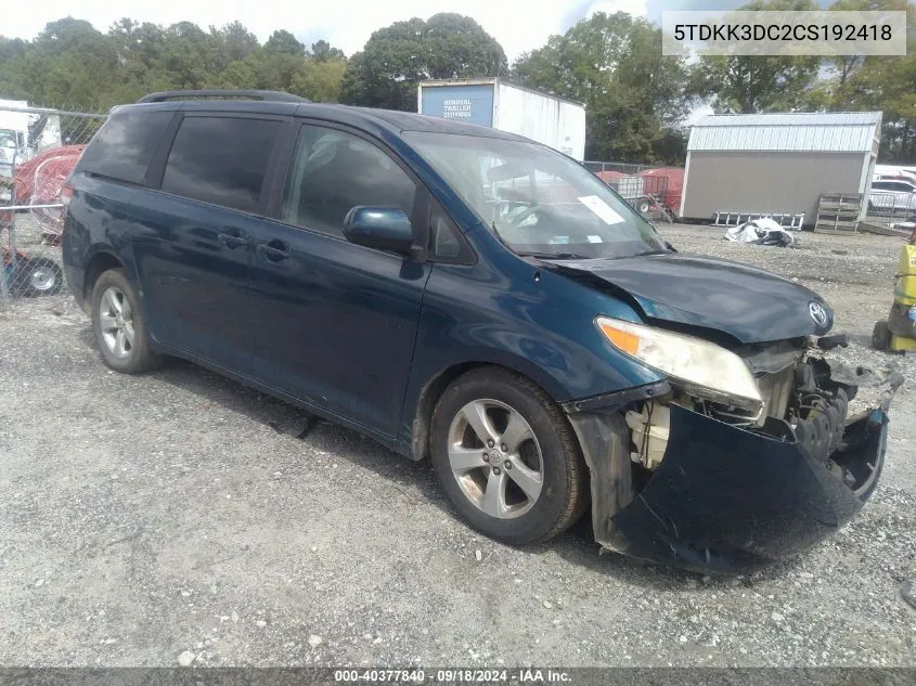 5TDKK3DC2CS192418 2012 Toyota Sienna Le V6 8 Passenger