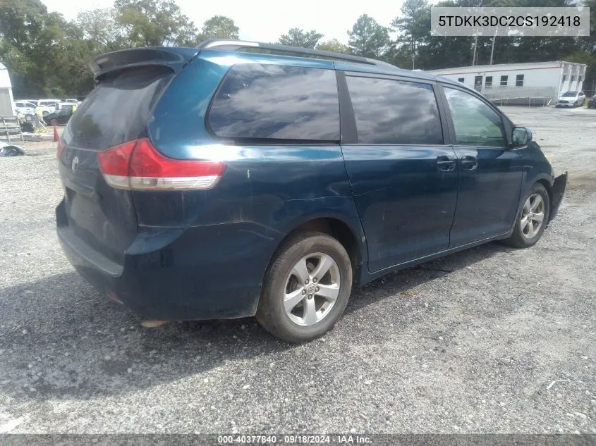 5TDKK3DC2CS192418 2012 Toyota Sienna Le V6 8 Passenger