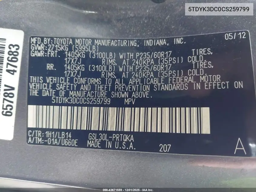 5TDYK3DC0CS259799 2012 Toyota Sienna Xle V6 8 Passenger