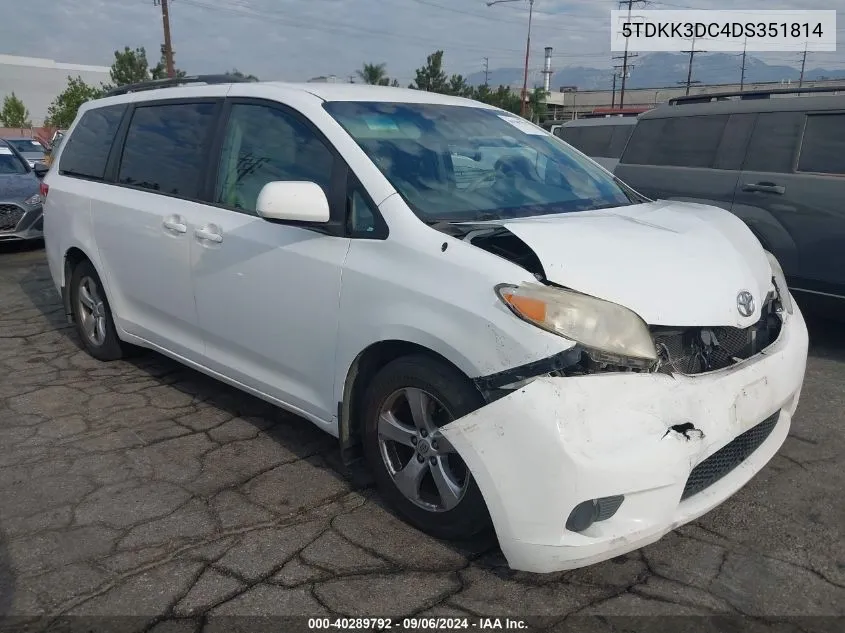 2013 Toyota Sienna Le V6 8 Passenger VIN: 5TDKK3DC4DS351814 Lot: 40289792