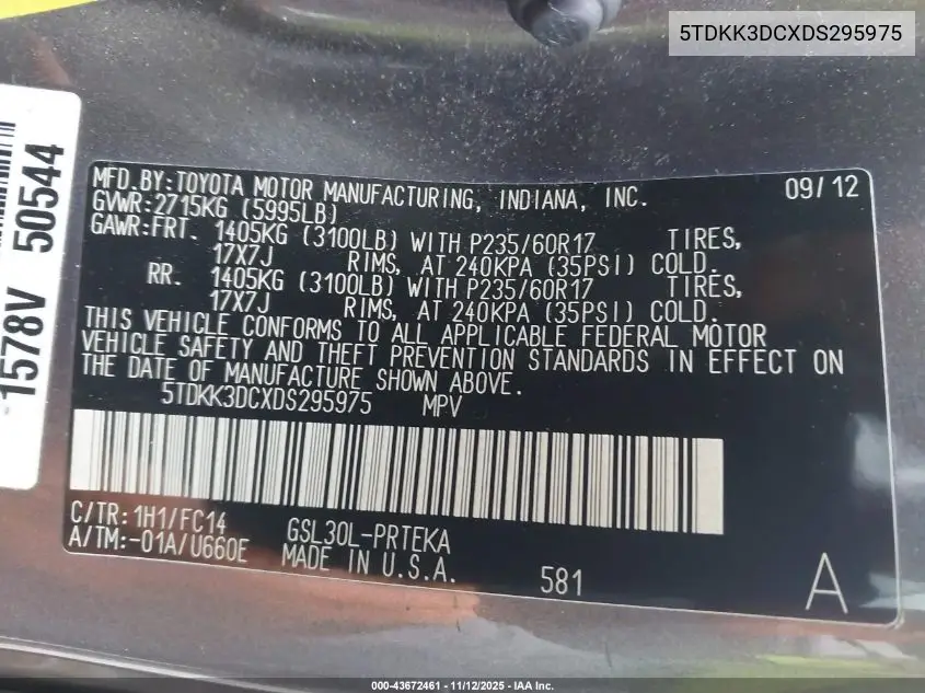 5TDKK3DCXDS295975 2013 Toyota Sienna Le V6 8 Passenger