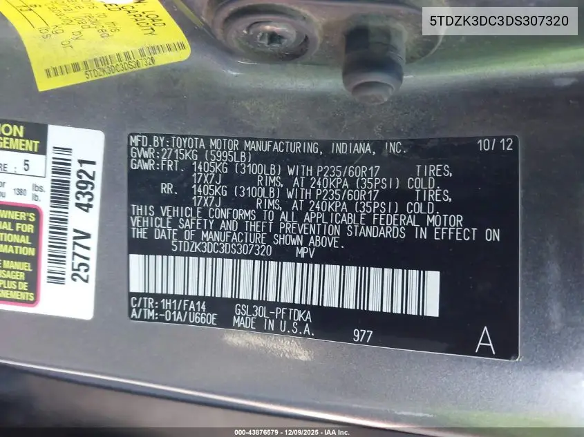 5TDZK3DC3DS307320 2013 Toyota Sienna L V6 7 Passenger