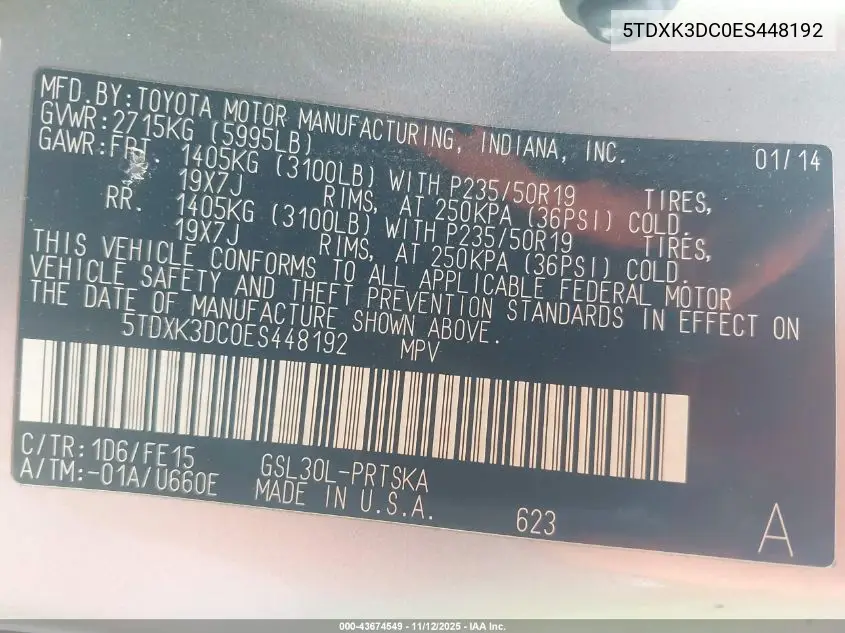 5TDXK3DC0ES448192 2014 Toyota Sienna Se 8 Passenger