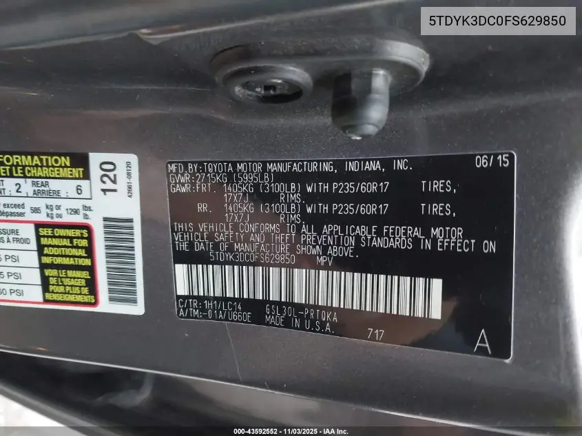 5TDYK3DC0FS629850 2015 Toyota Sienna Xle 8 Passenger