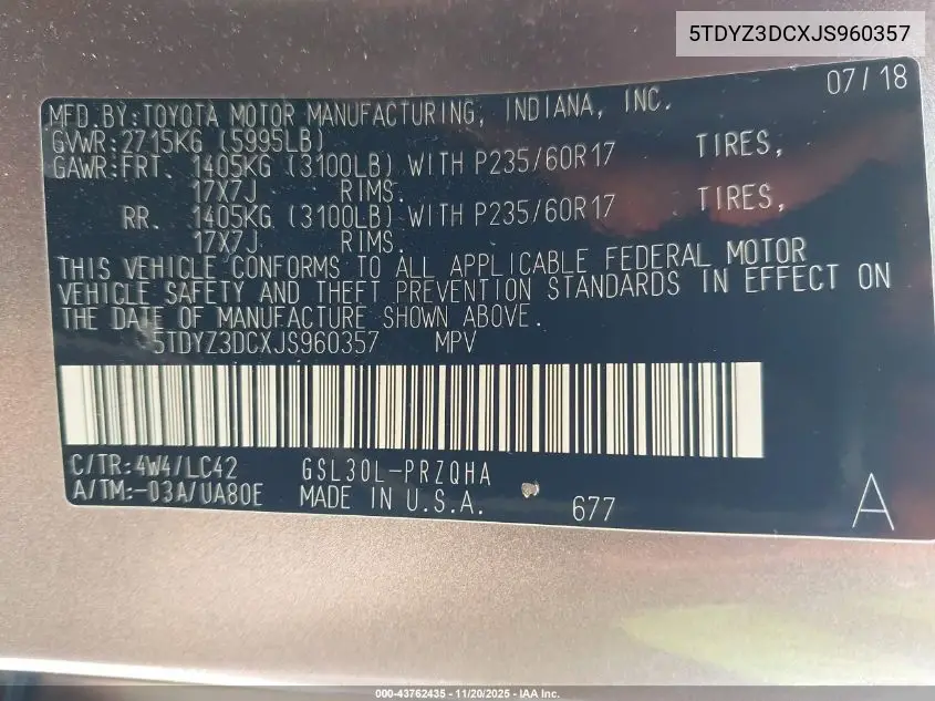 5TDYZ3DCXJS960357 2018 Toyota Sienna Xle 8 Passenger