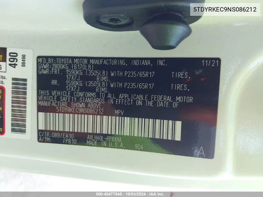 5TDYRKEC9NS086212 2022 Toyota Sienna Xle