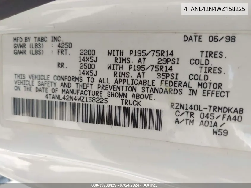 4TANL42N4WZ158225 1998 Toyota Tacoma