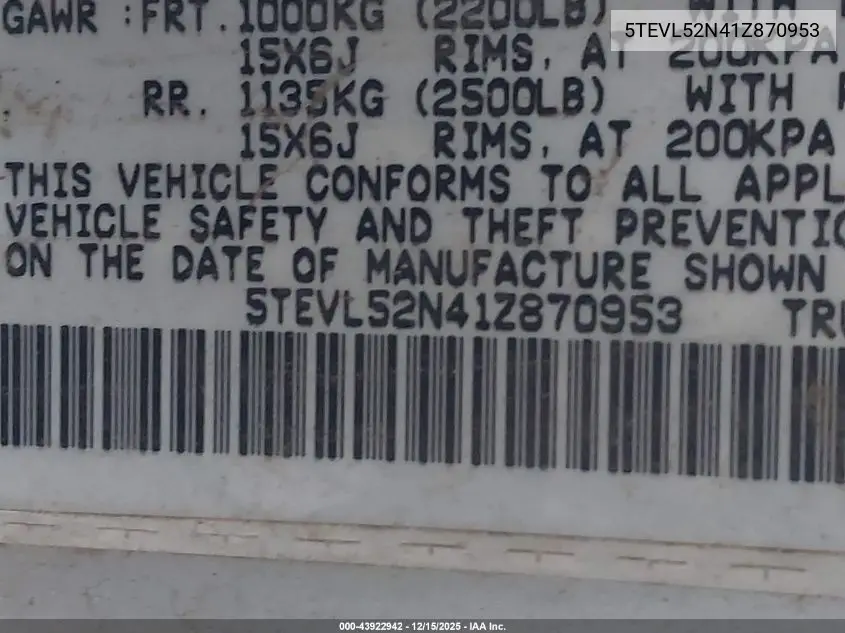 5TEVL52N41Z870953 2001 Toyota Tacoma