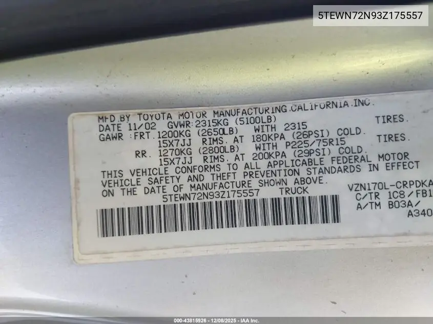 5TEWN72N93Z175557 2003 Toyota Tacoma Base V6