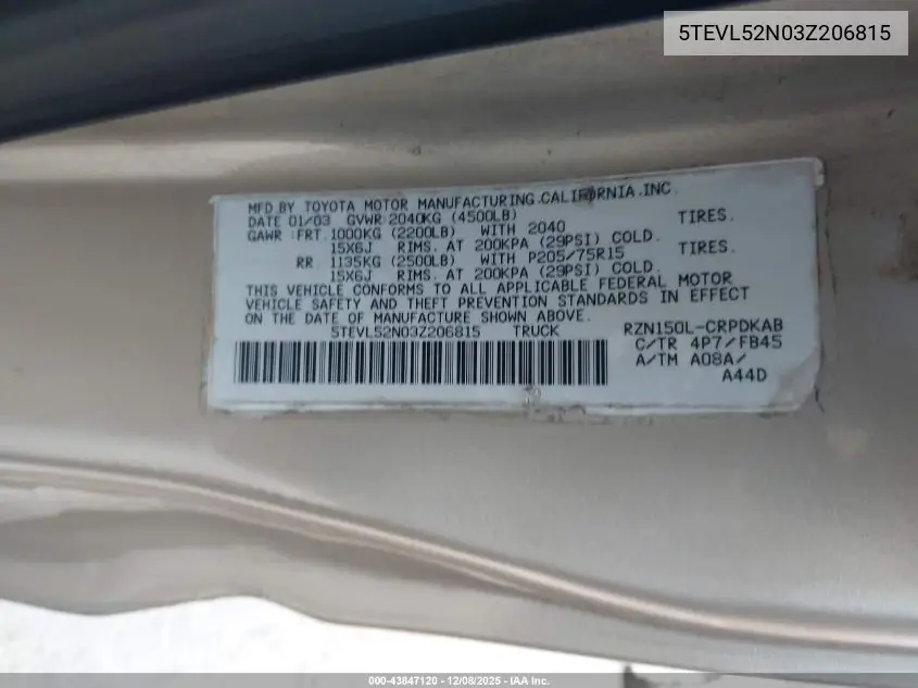 5TEVL52N03Z206815 2003 Toyota Tacoma