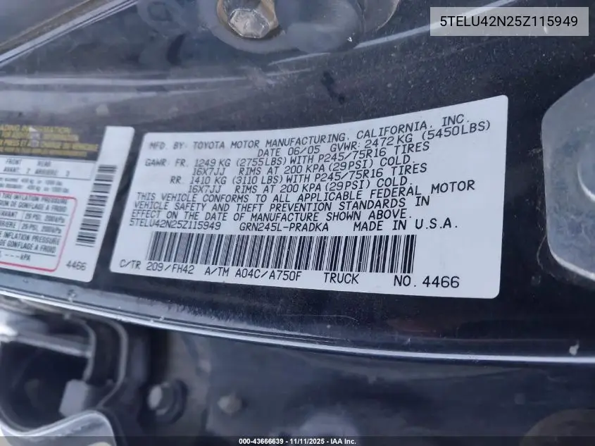 5TELU42N25Z115949 2005 Toyota Tacoma Base V6