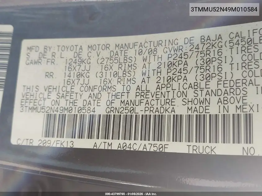 3TMMU52N49M010584 2009 Toyota Tacoma Base V6