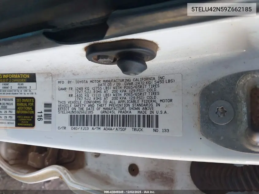 5TELU42N59Z662185 2009 Toyota Tacoma Base V6