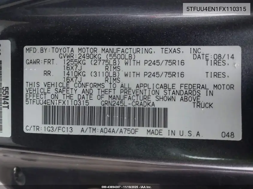 5TFUU4EN1FX110315 2015 Toyota Tacoma Base V6