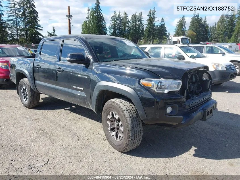 2019 Toyota Tacoma Trd Off Road VIN: 5TFCZ5AN2KX188752 Lot: 40415904