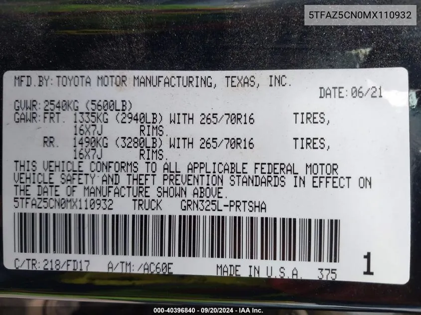 5TFAZ5CN0MX110932 2021 Toyota Tacoma Trd Off-Road