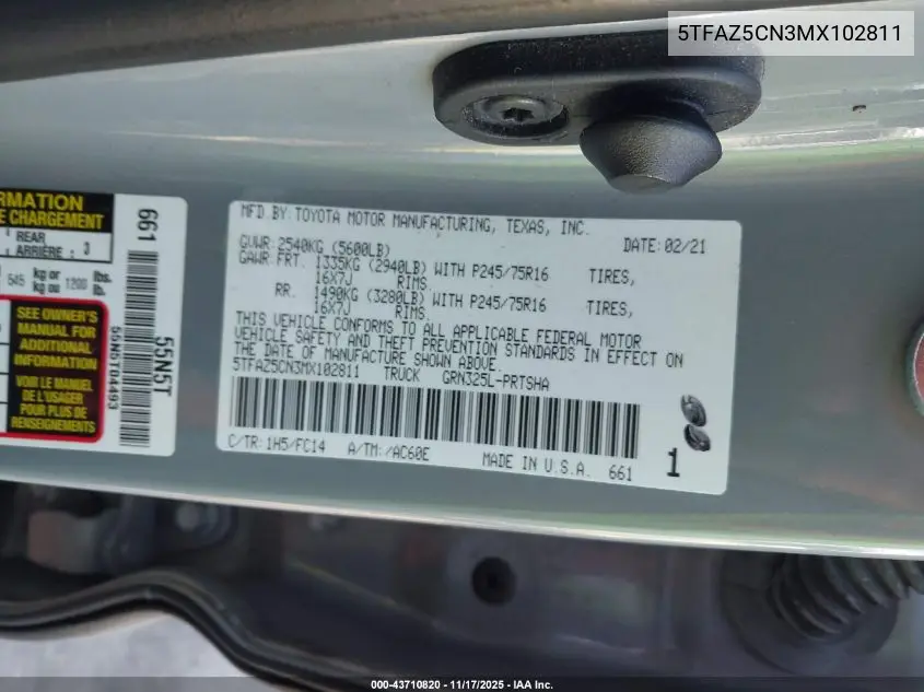 5TFAZ5CN3MX102811 2021 Toyota Tacoma Sr5 V6