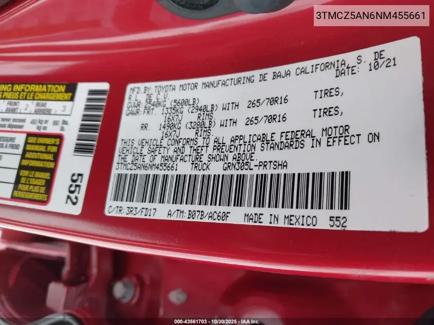 3TMCZ5AN6NM455661 2022 Toyota Tacoma Trd Off Road